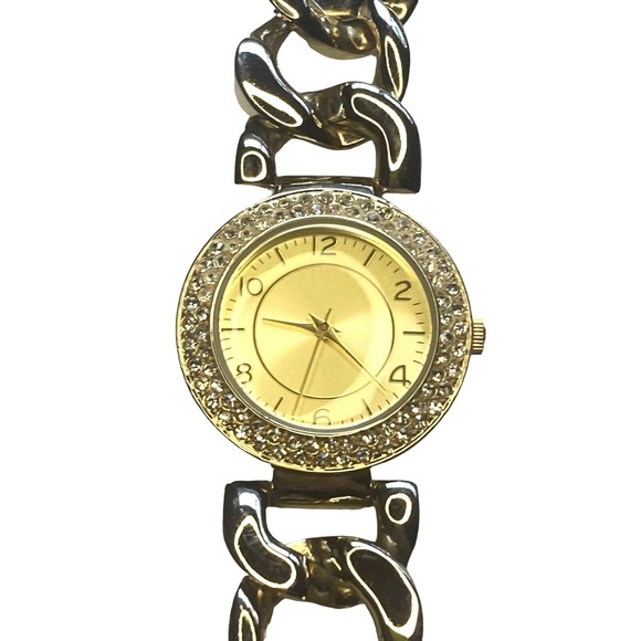 Lemon yellow gold shimmer face watch chunky chain bracelet rhinestones bling - Picture 1 of 12